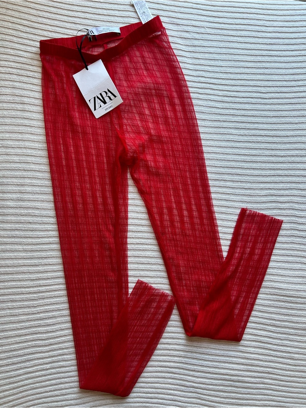Zara Studio Sheer Red Mesh Knit Leggings NWT Size S High Waist Trousers